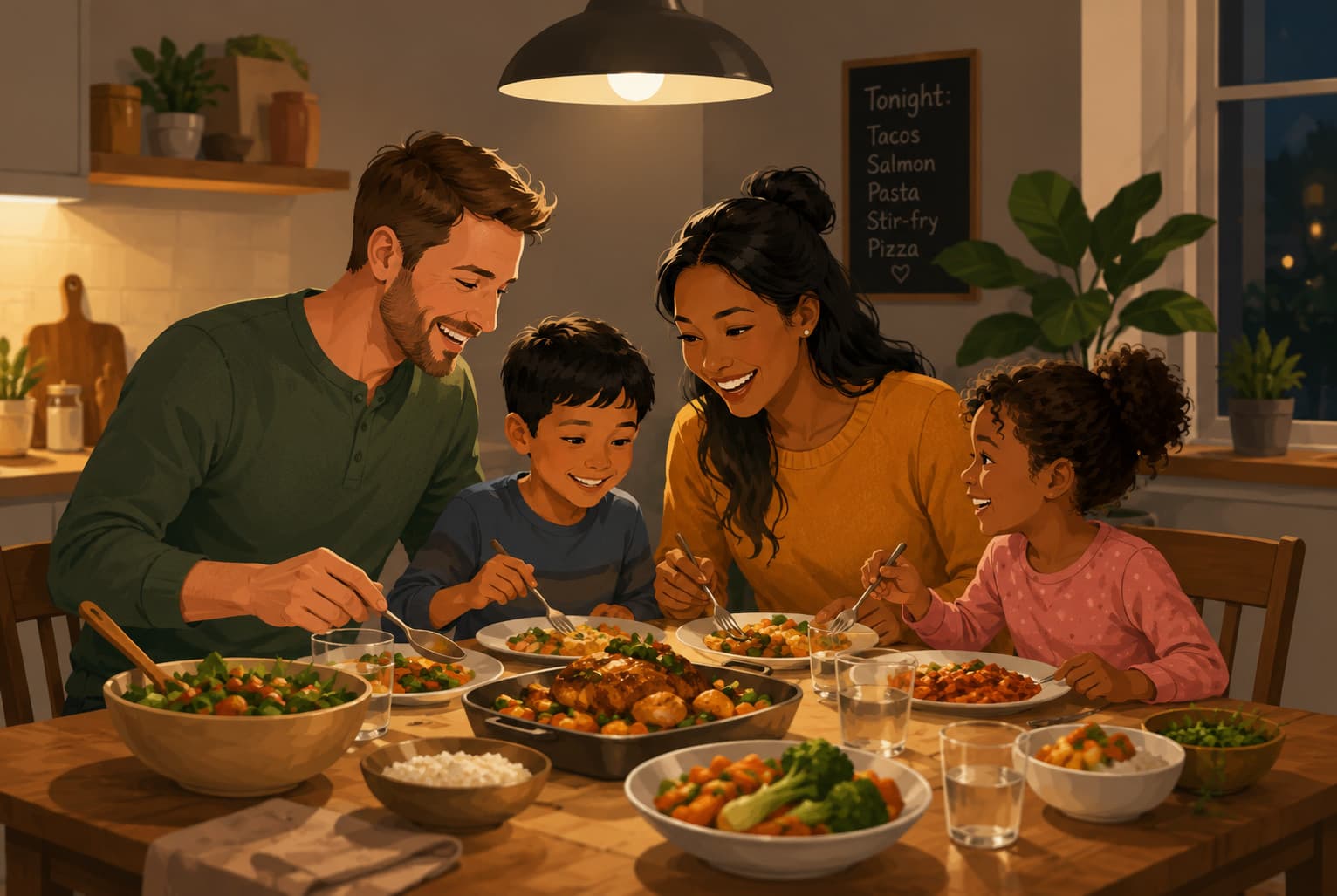 A group of friends sharing a meal together at the dinner table